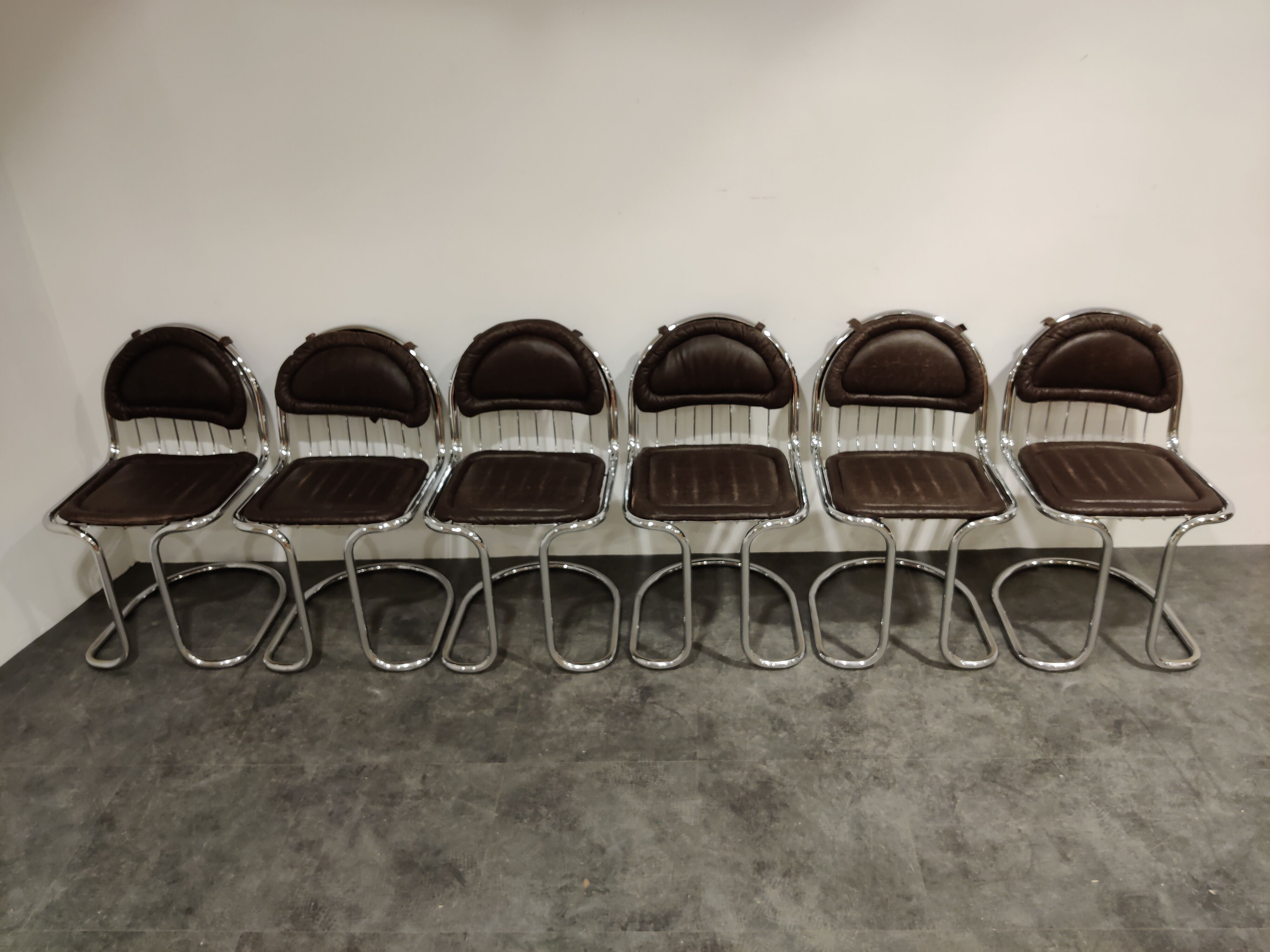 Vintage chrome and leather cantilever dining chairs, 1970s