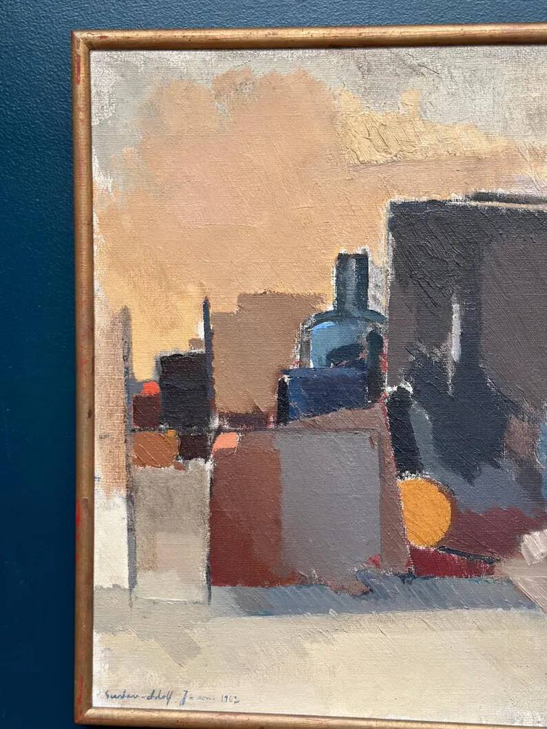 Large original Swedish oil on canvas - 'Blue Bottle and Books' by Gustav Adolf Johansson - 1962 - vintage and framed