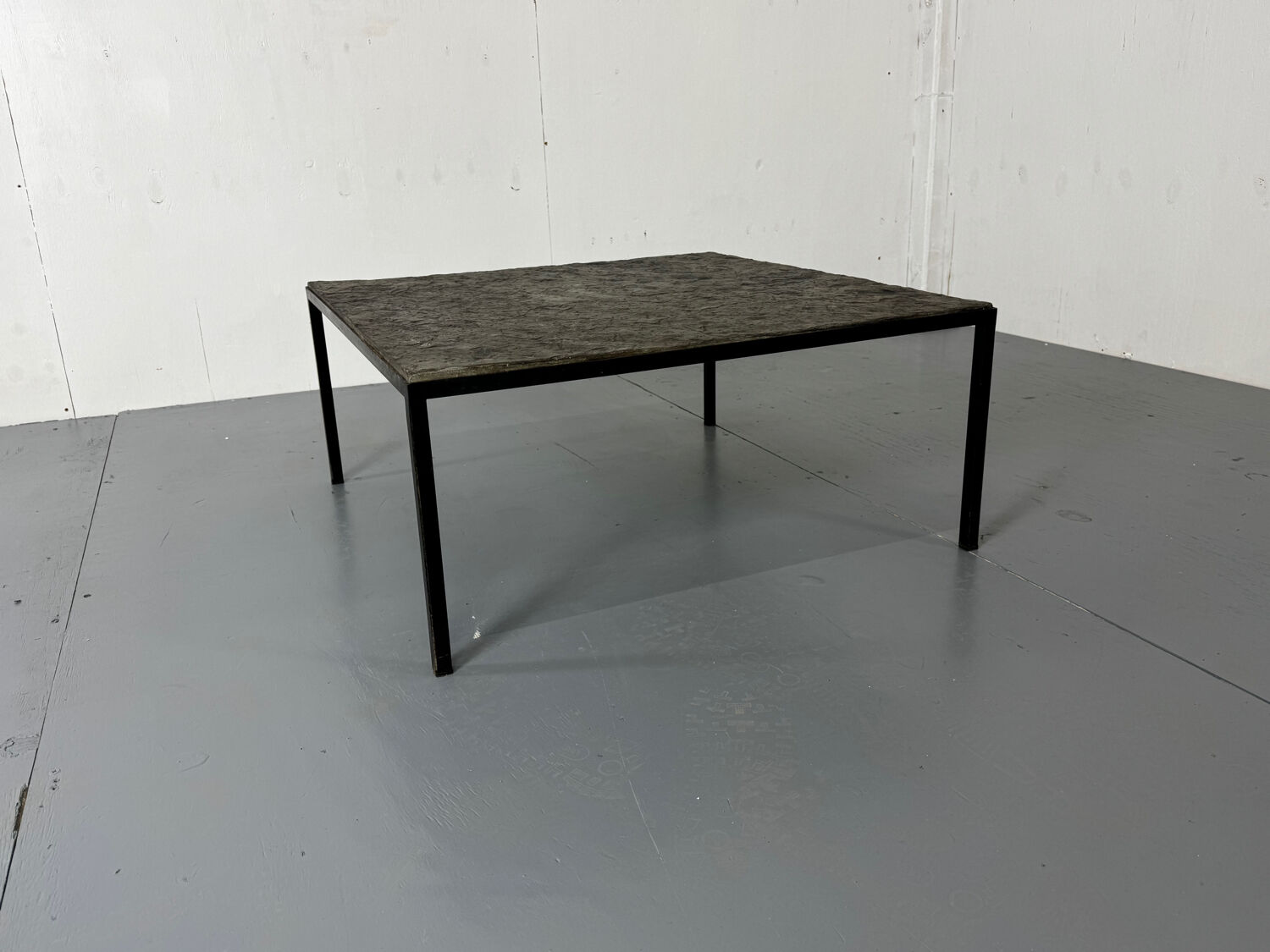 Mid Century minimalistic modernist slate and steel coffee table, 1950s