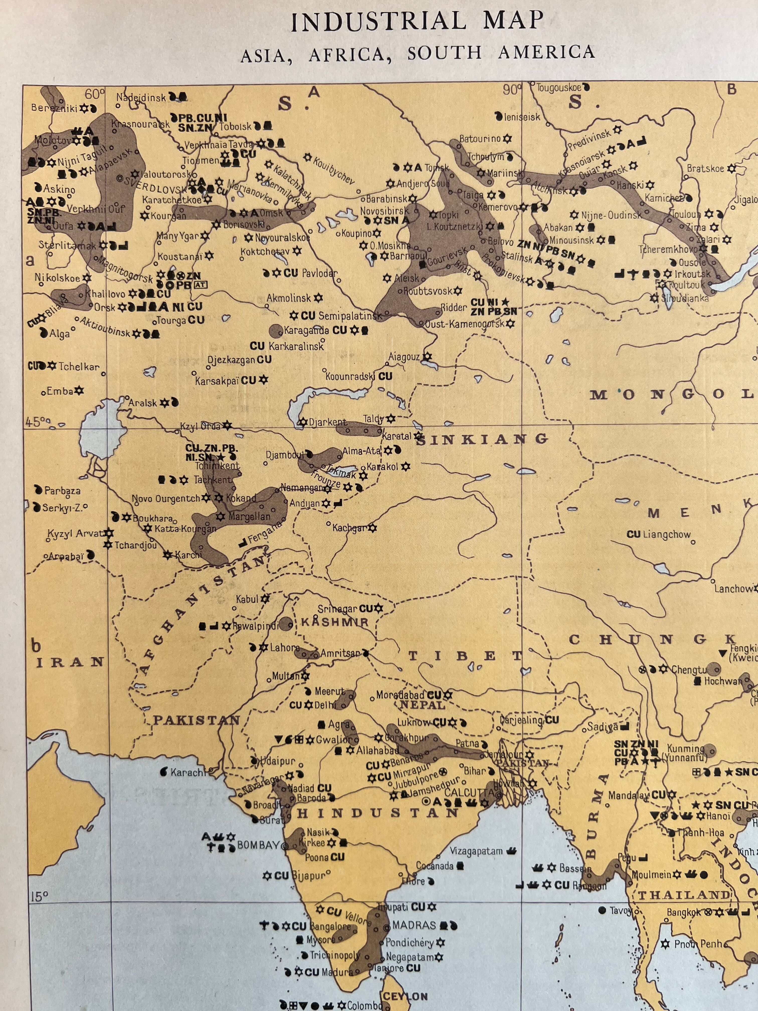 Carte industrielle ancienne Asie, Afrique & Amérique du Sud