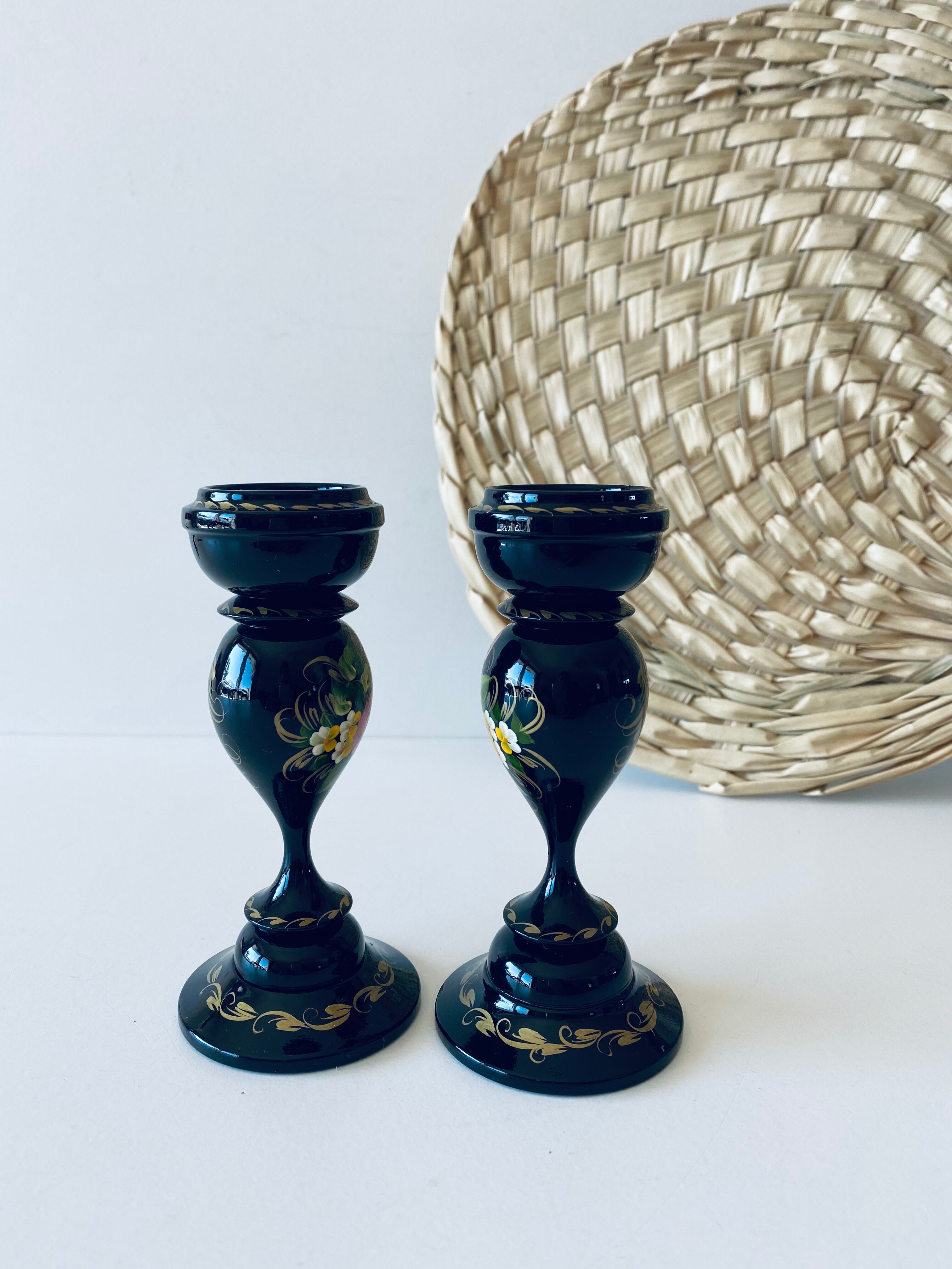 Pair of wooden Ukrainian candlesticks