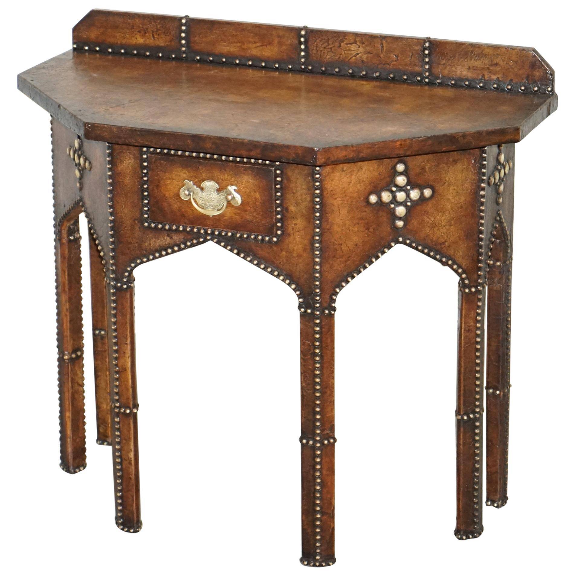 Antique Leather Studded Console Table in Gothic Pugin Style Restored