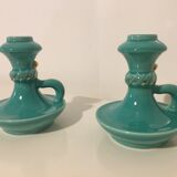 Pair of turquoise ceramic candlesticks