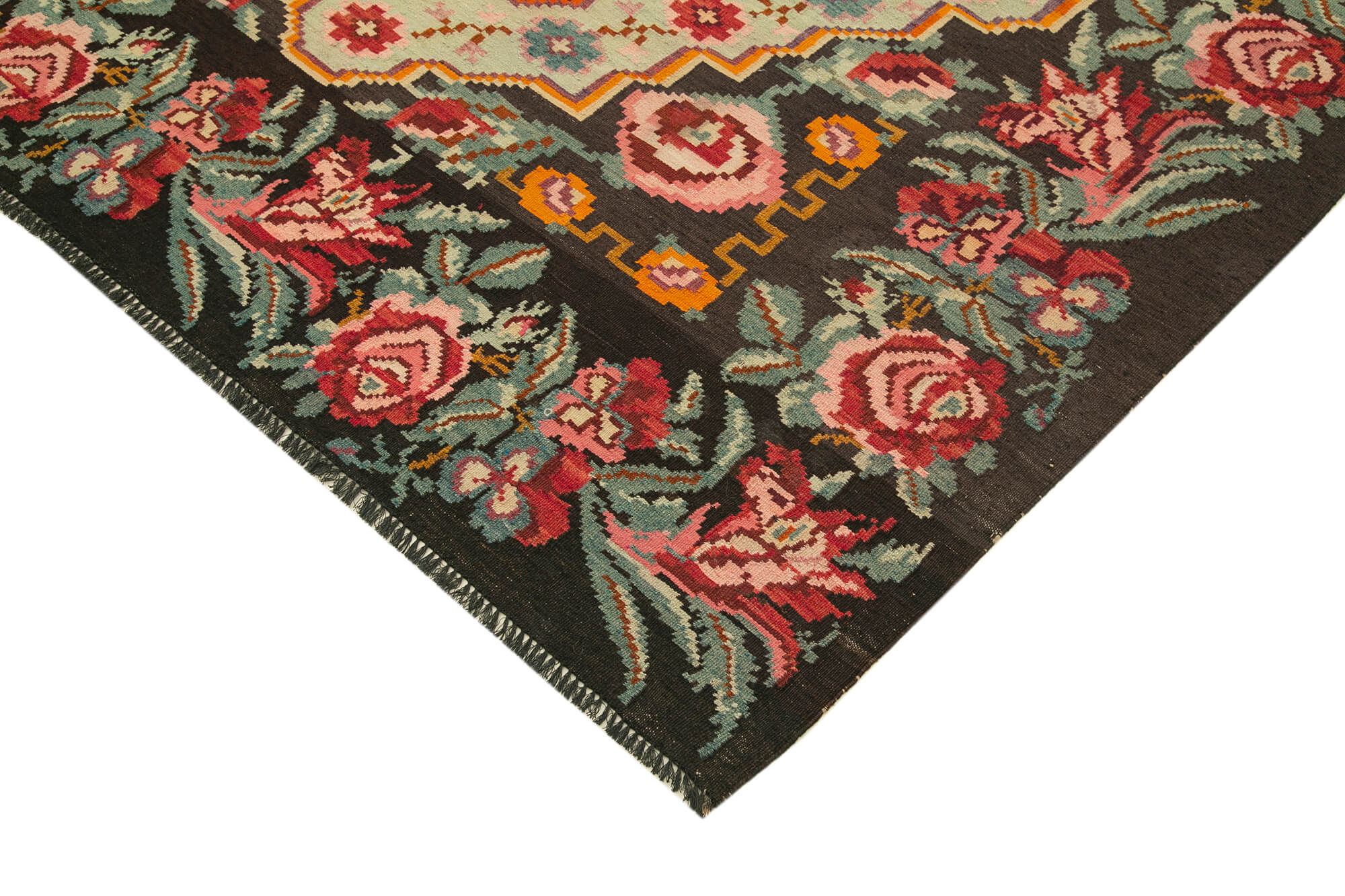 Hand-Knotted Vintage Bessarabian Black Kilim 183 cm x 274 cm - 22170