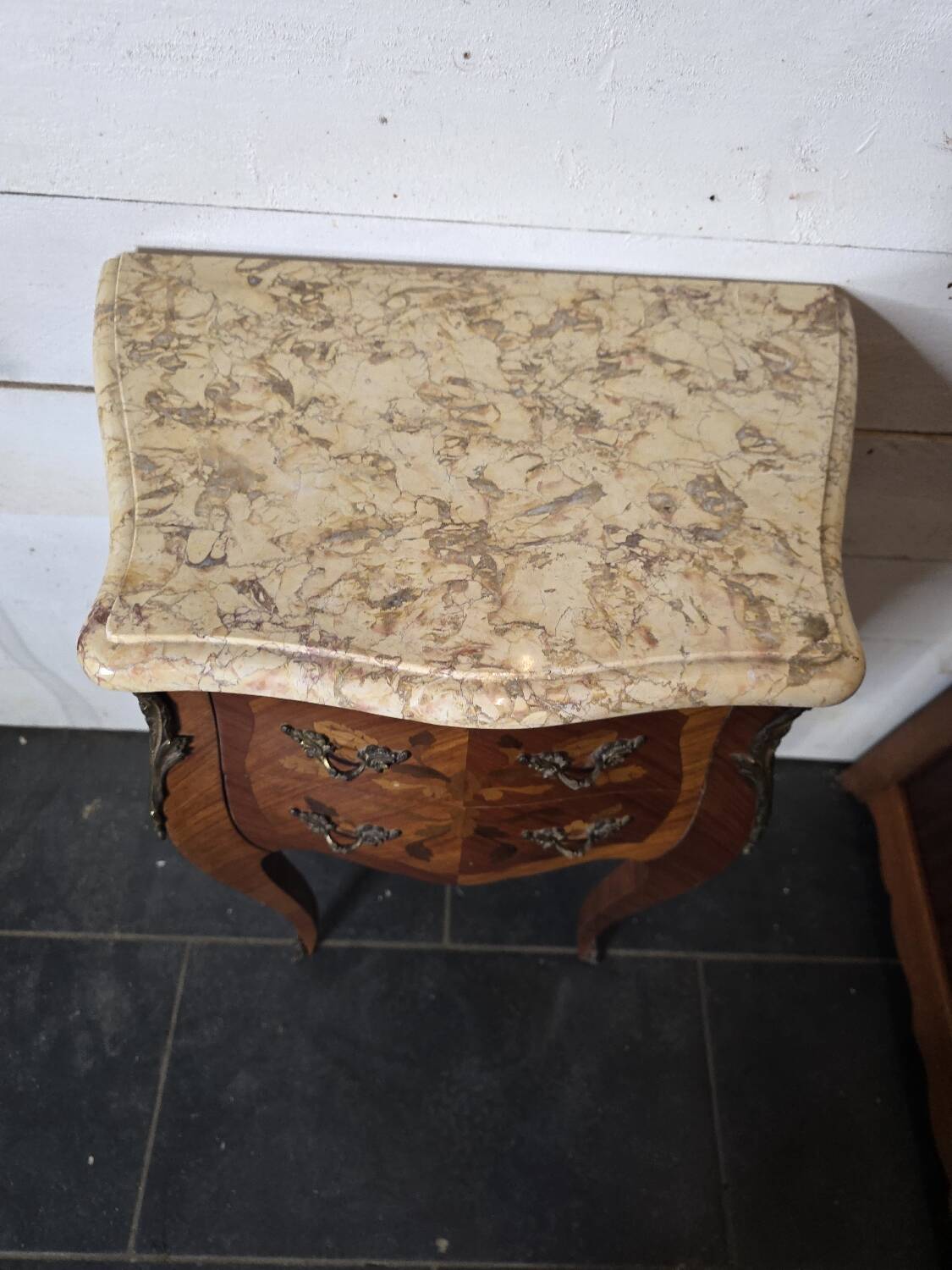 Louis XV style curved bedside table in marquetry