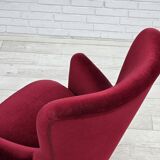 1970s, Danish highback armchair, red furniture velour, beech wood.