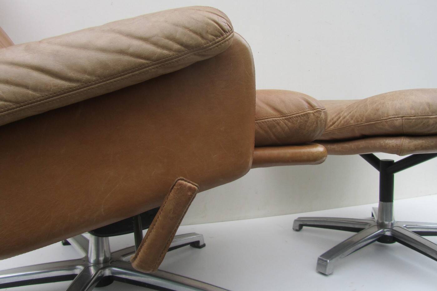 Mid-century vintage high back leather Swivel Armchair with Ottoman, 1970s