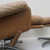 Mid-century vintage high back leather Swivel Armchair with Ottoman, 1970s