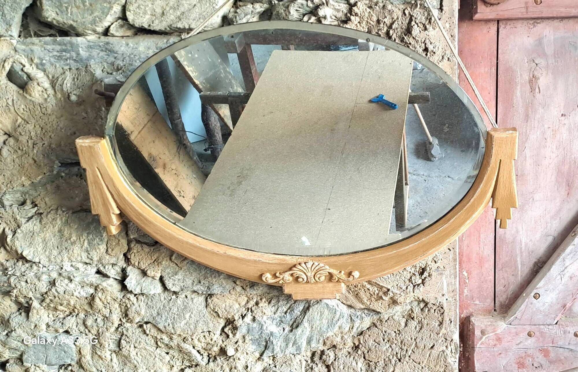 Carved wooden mirror Art Nouveau France 1920 oval shape