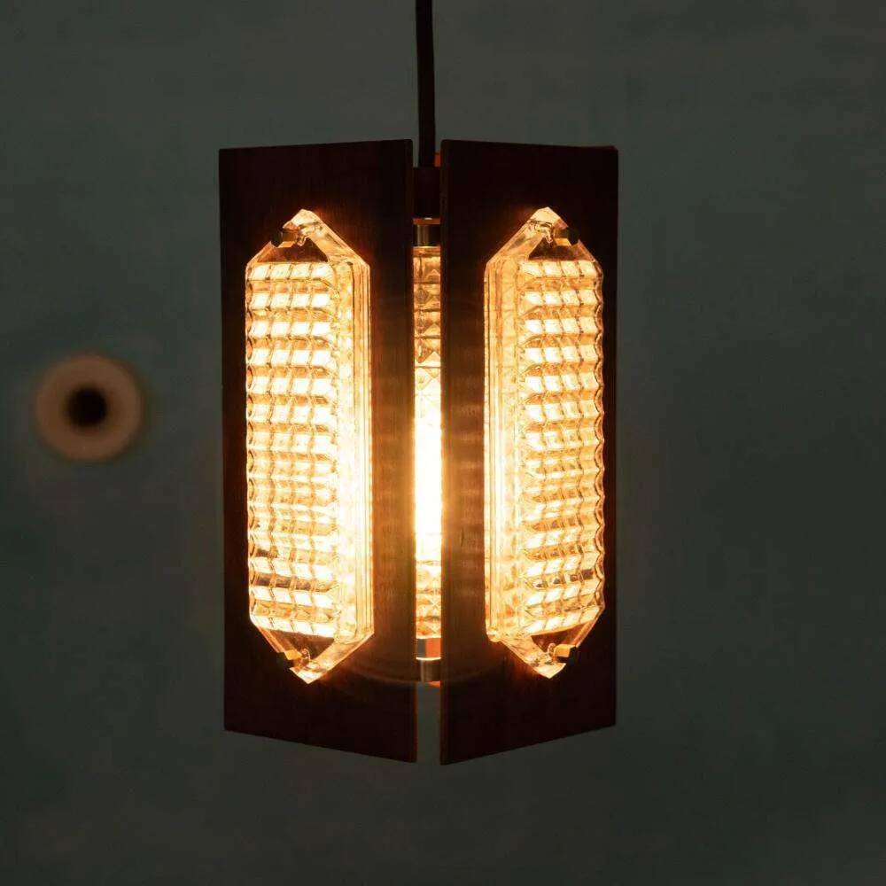 Vintage wooden and glass suspension Flygsfors Facette, glass lamp.