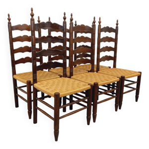 Suite 6 chaises vintage Arts & Crafts style Antonio Calligaris en bois chêne corde années 50