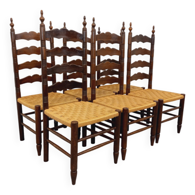 Suite de 6 chaises vintage Arts & Crafts style Antonio Calligaris en bois de chêne corde années 50