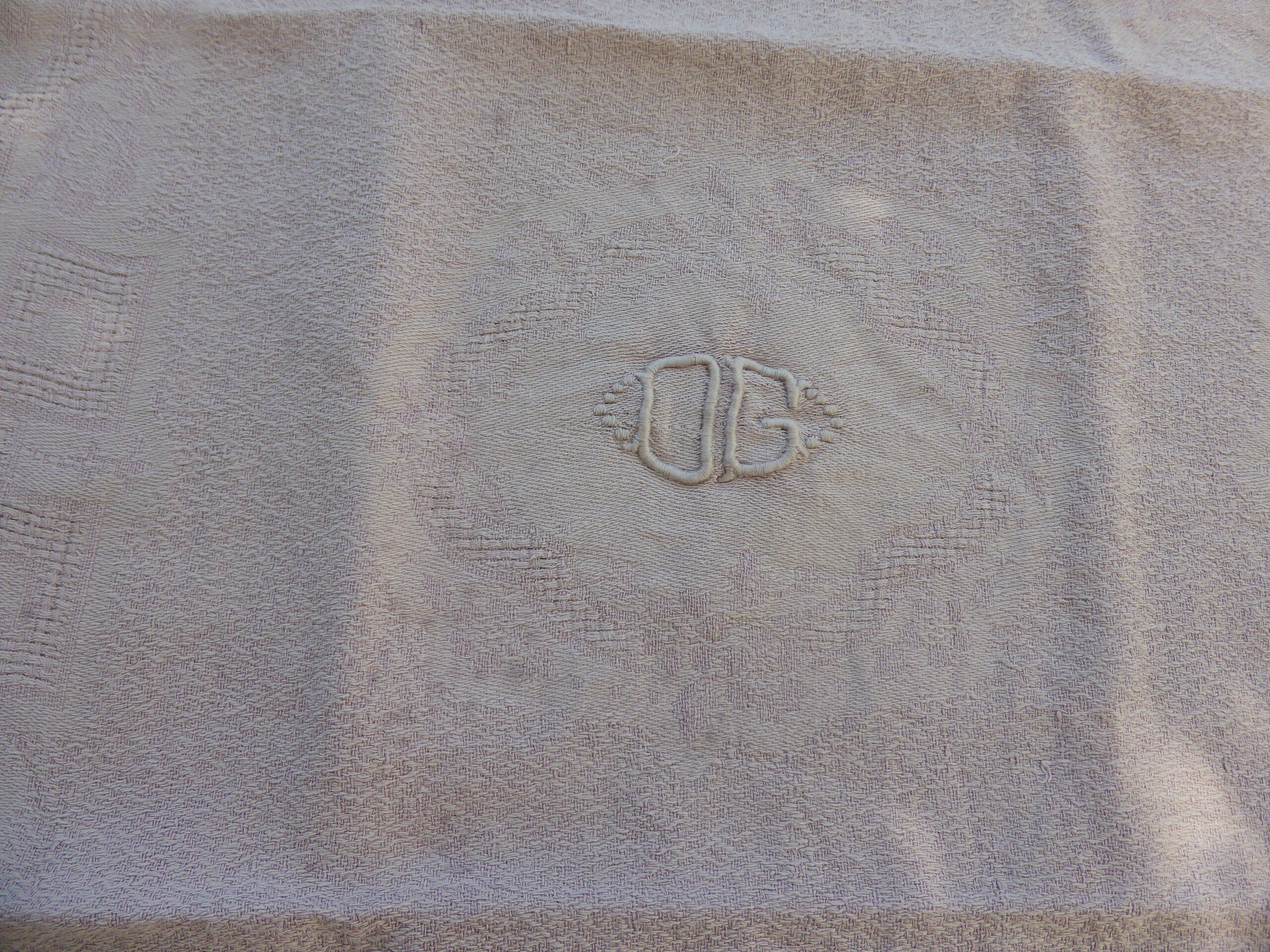 6 rectangular towels, damask cotton, Lilas tint and monogrammed OG, art deco