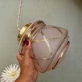 Vintage art deco globe pendant lamp in pink and gold glass