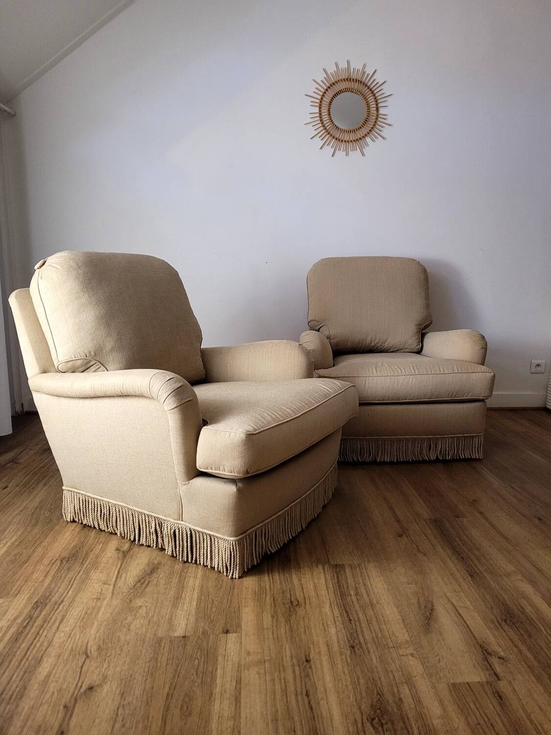Vintage beige armchairs with fringes