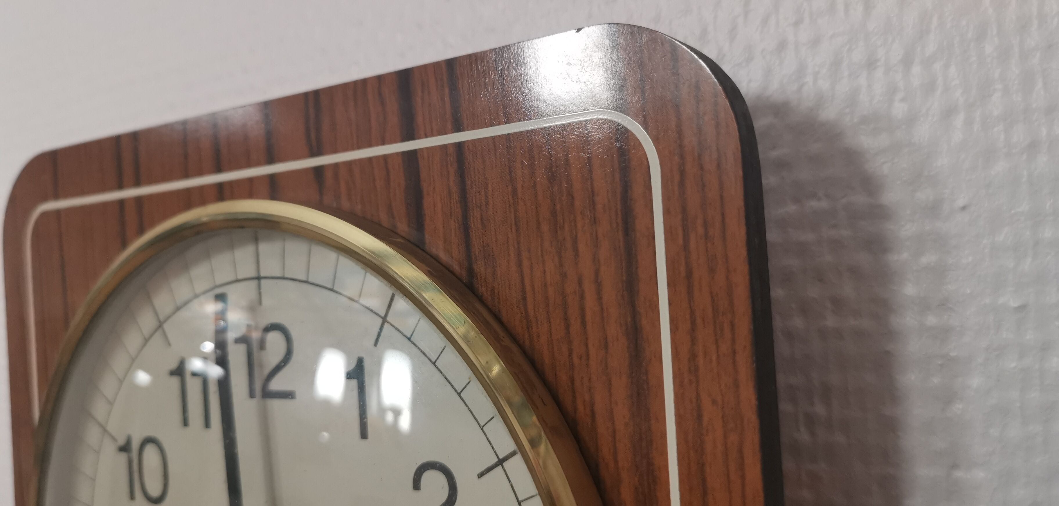 Old wall clock jaz quartz wall clock in formica brown 1960s