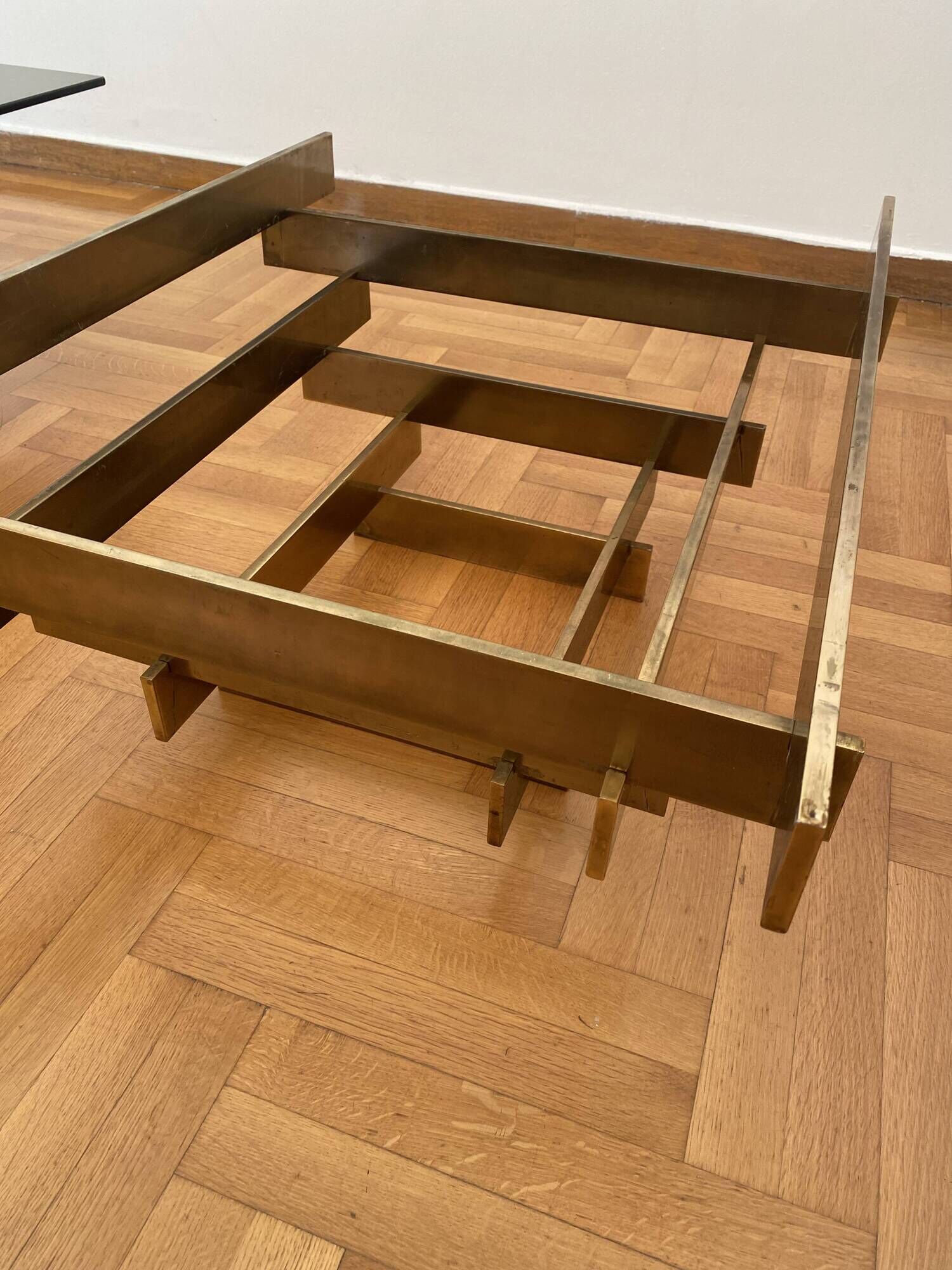 Vintage 1970s Square Coffee Table in Brass and Smoked Glass, David Hicks
