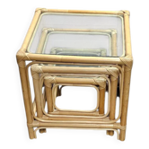 Ensemble de tables gigognes en bambou / plateaux en verre transparent / tables d'appoint / 1970