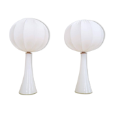 Pair of mid-century opaline glass table lamps with cotton shades by Bergboms, Sweden, 1960.