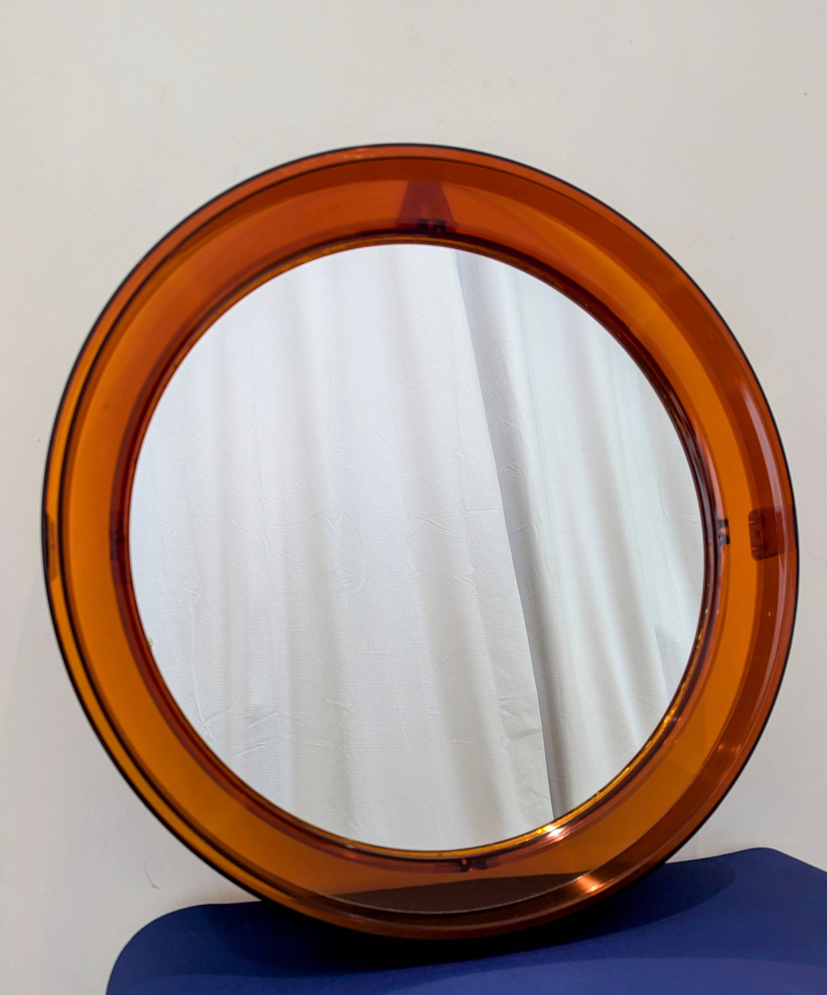 Vintage round orange plexiglass mirror Space Age 1970s