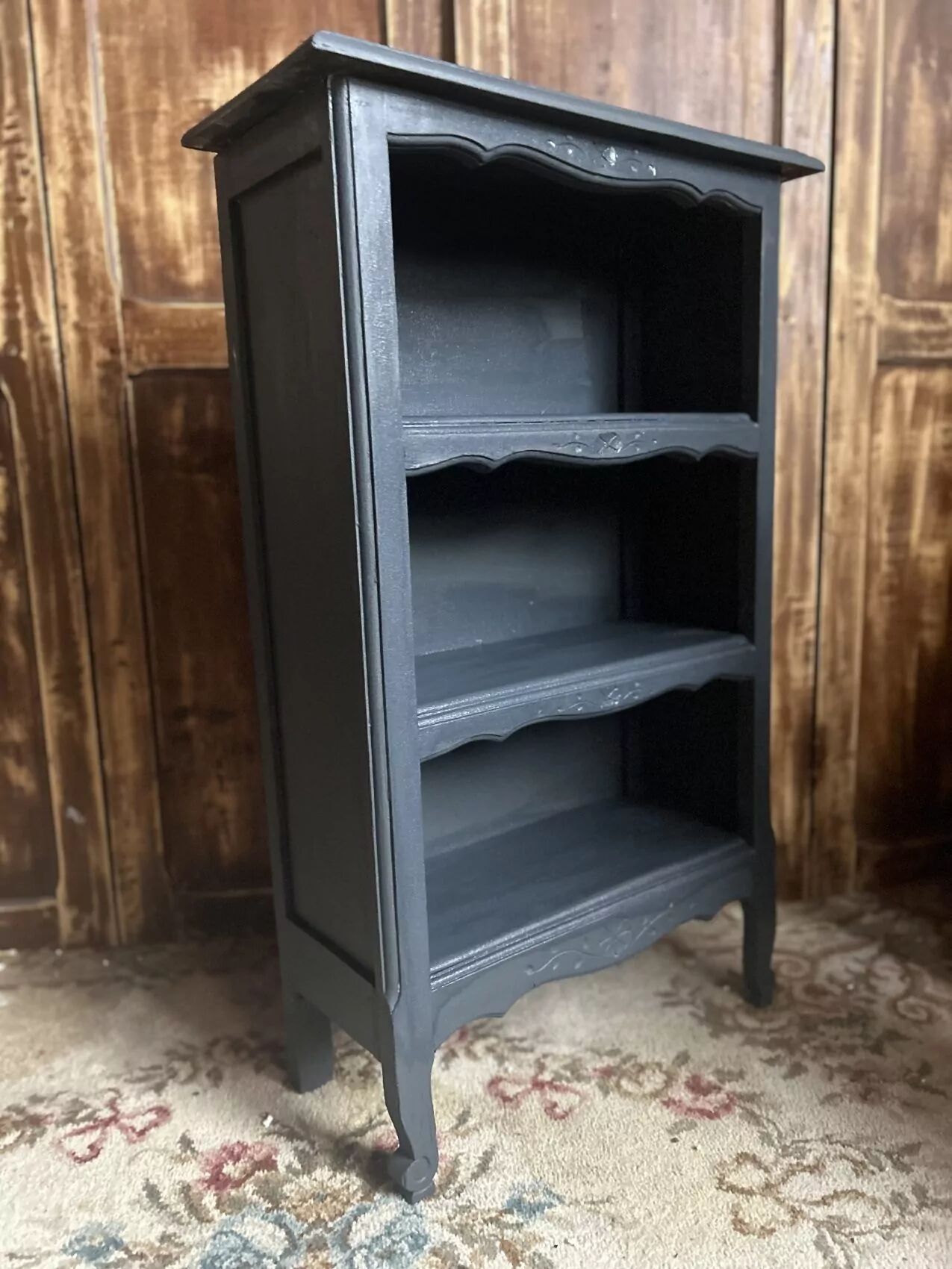 Antique mini oak bookcase – small 19th-century library with slate patina, a lovely rarity.