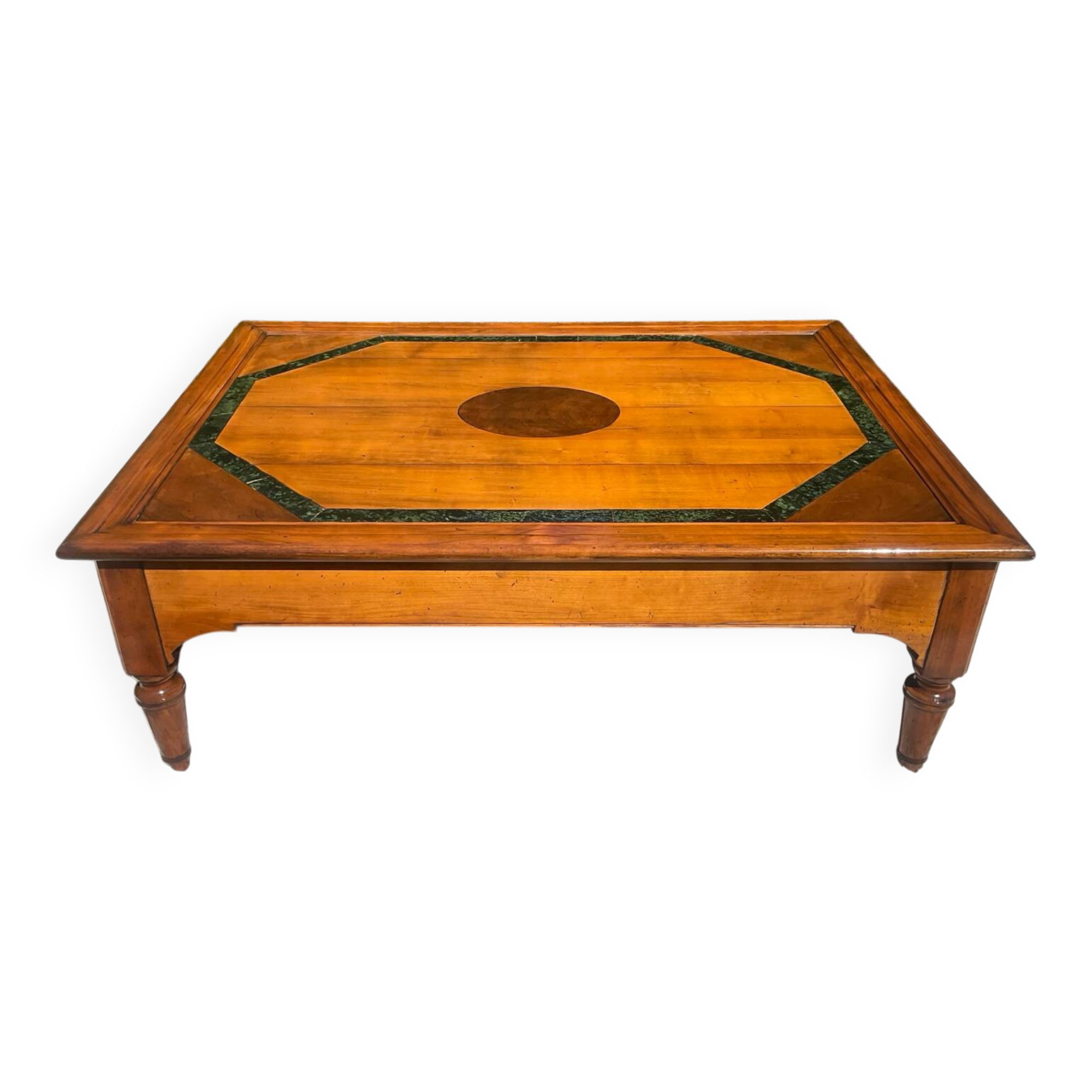 Tale basse vintage en bois massif et marqueterie de marbre