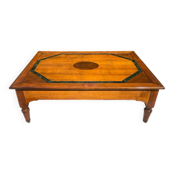 Vintage low table in solid wood and marble marquetry.