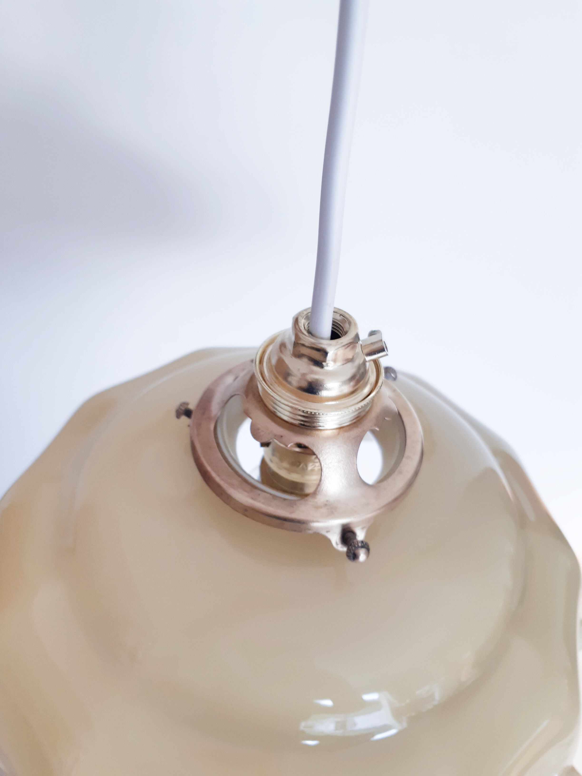 Pendant lamp chandelier, vintage yellow and white glass luminaire, petticoat shape, vintage french