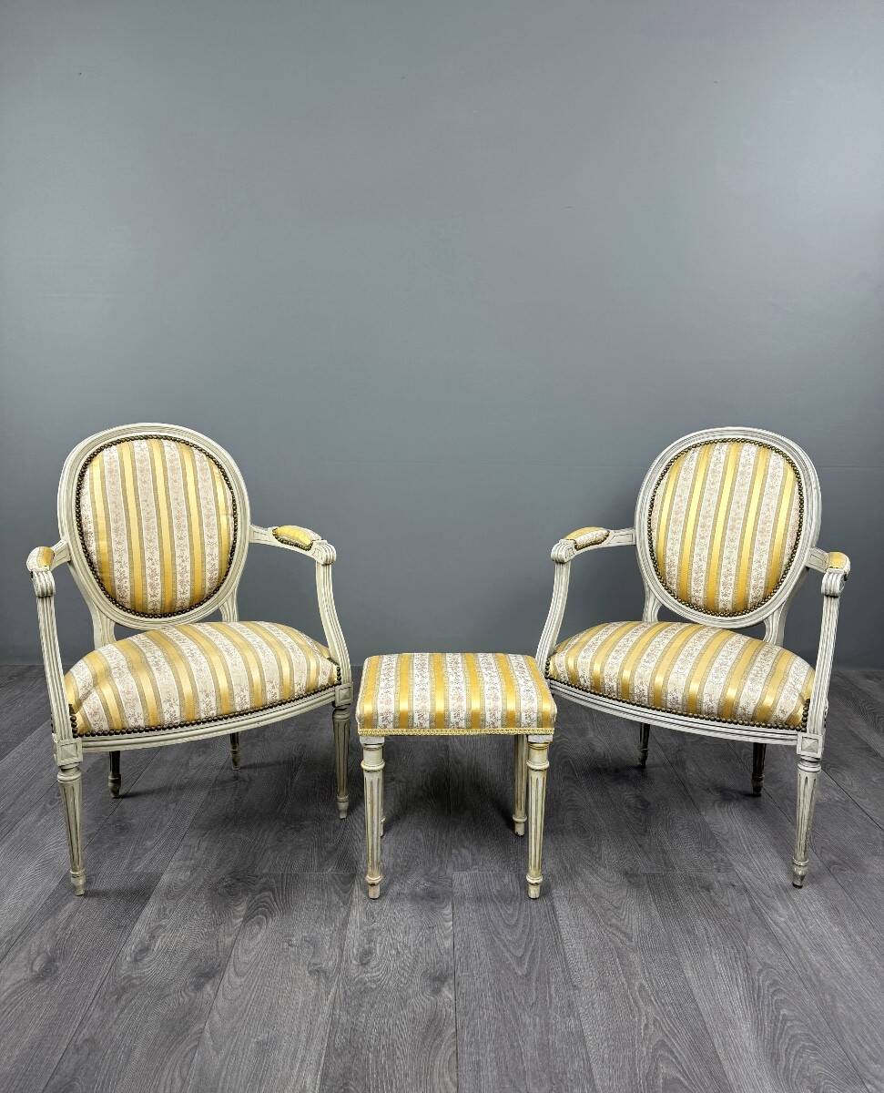 Pair of Medallion Armchairs in Louis XVI Style with Footrests, 20th Century