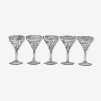 5 vintage stemmed glasses, engraved edging