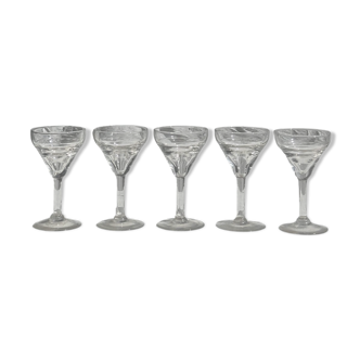 5 vintage stemmed glasses, engraved edging