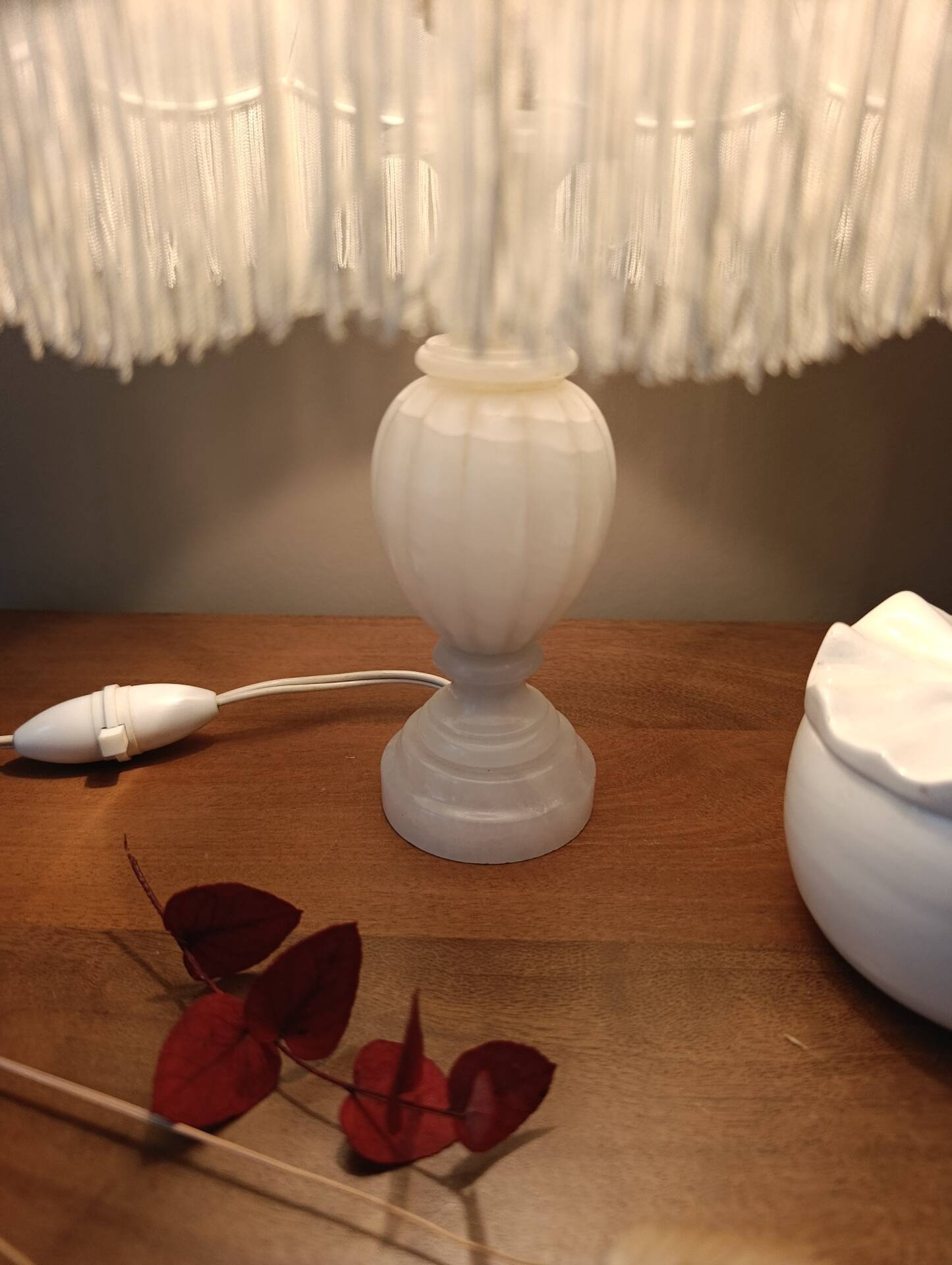 Alabaster lamp, satin white and blue pagoda shade.