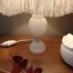 Alabaster lamp, satin white and blue pagoda shade.