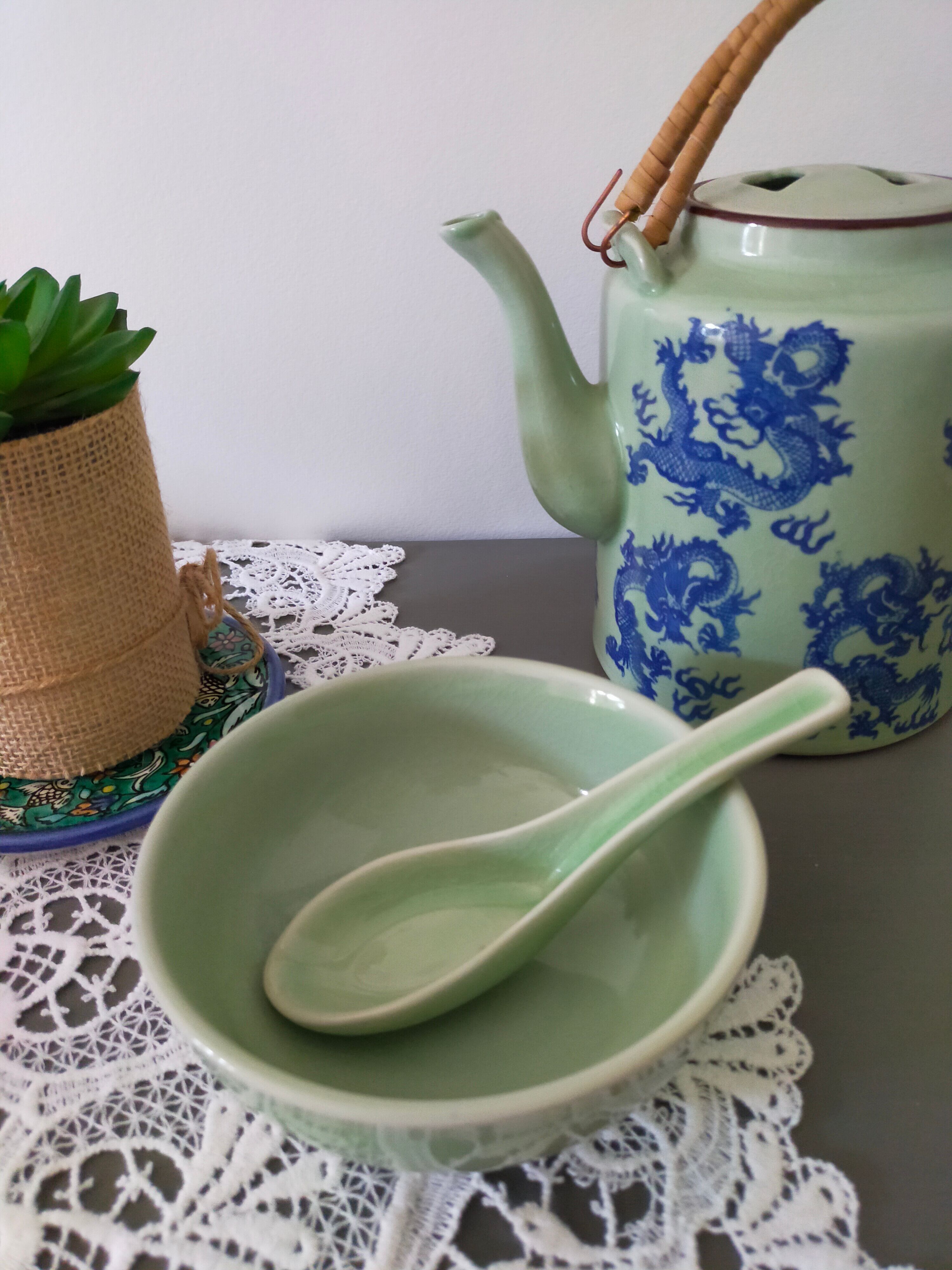 Celadon green glazed ceramic bowl and its vintage spoon/ rice bowl/ soup bowl/ chinese bowl/
