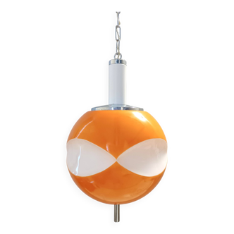 Suspension Space Age en verre opalin orange et blanc, Italie