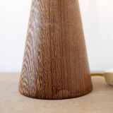 Wooden table lamp in the shape of a bowling pin with a bamboo shade from the 1960s.