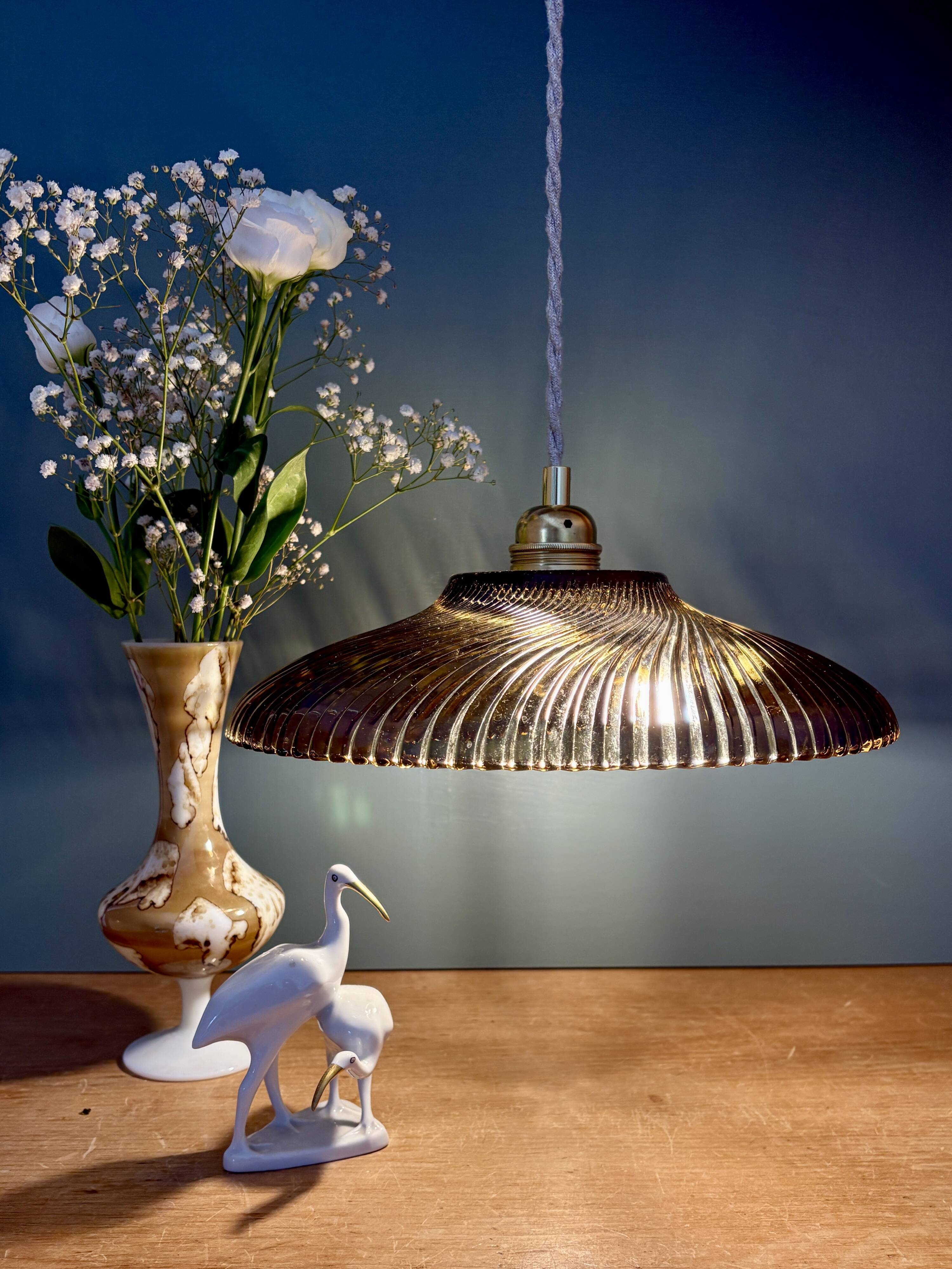 Vintage amber molded glass lampshade pendant light - tableware collection -
