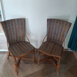 Vintage set of 2 garden woven rattan chairs - sky blue nets - 40