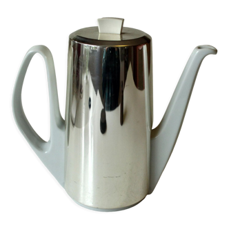 1950s old german porcelain coffee pot with metal isolated warming hood - vintage
