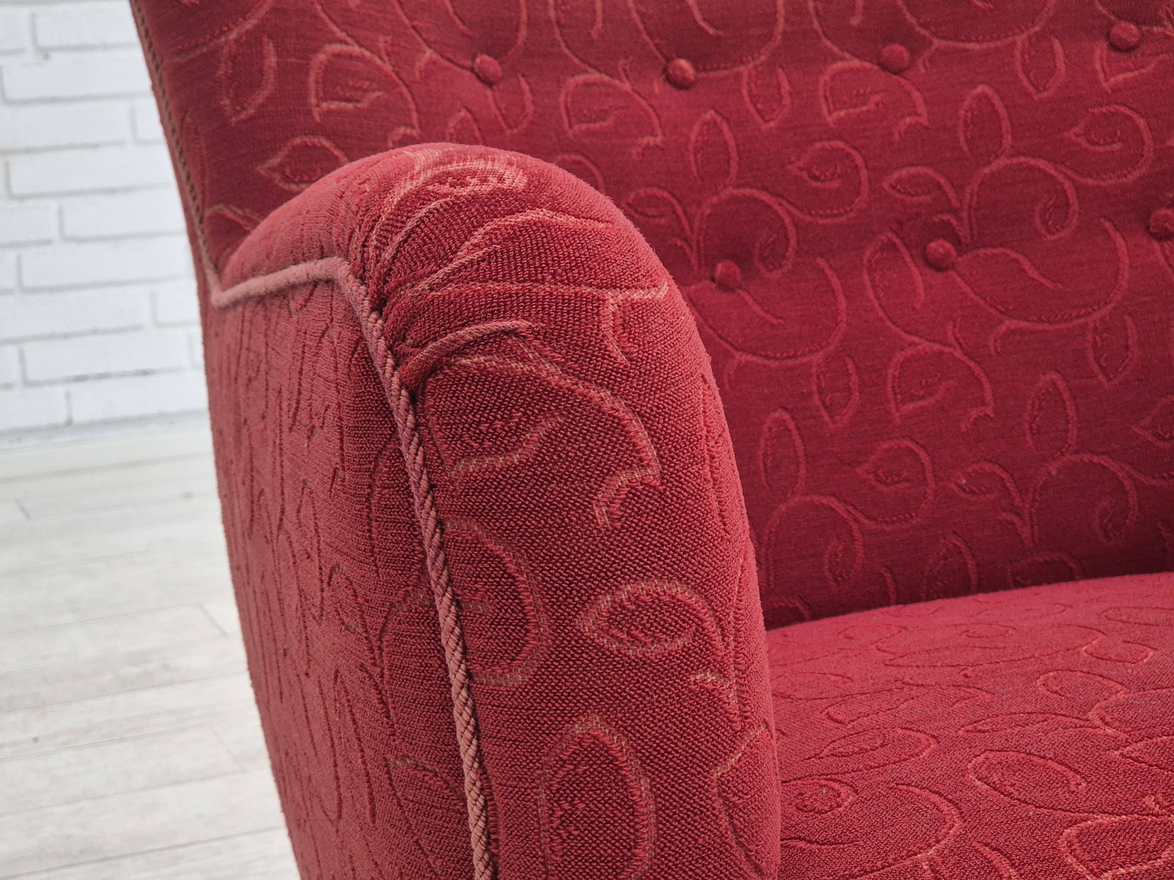 Années 1960, fauteuil relax danois, état d'origine, coton/laine rouge.