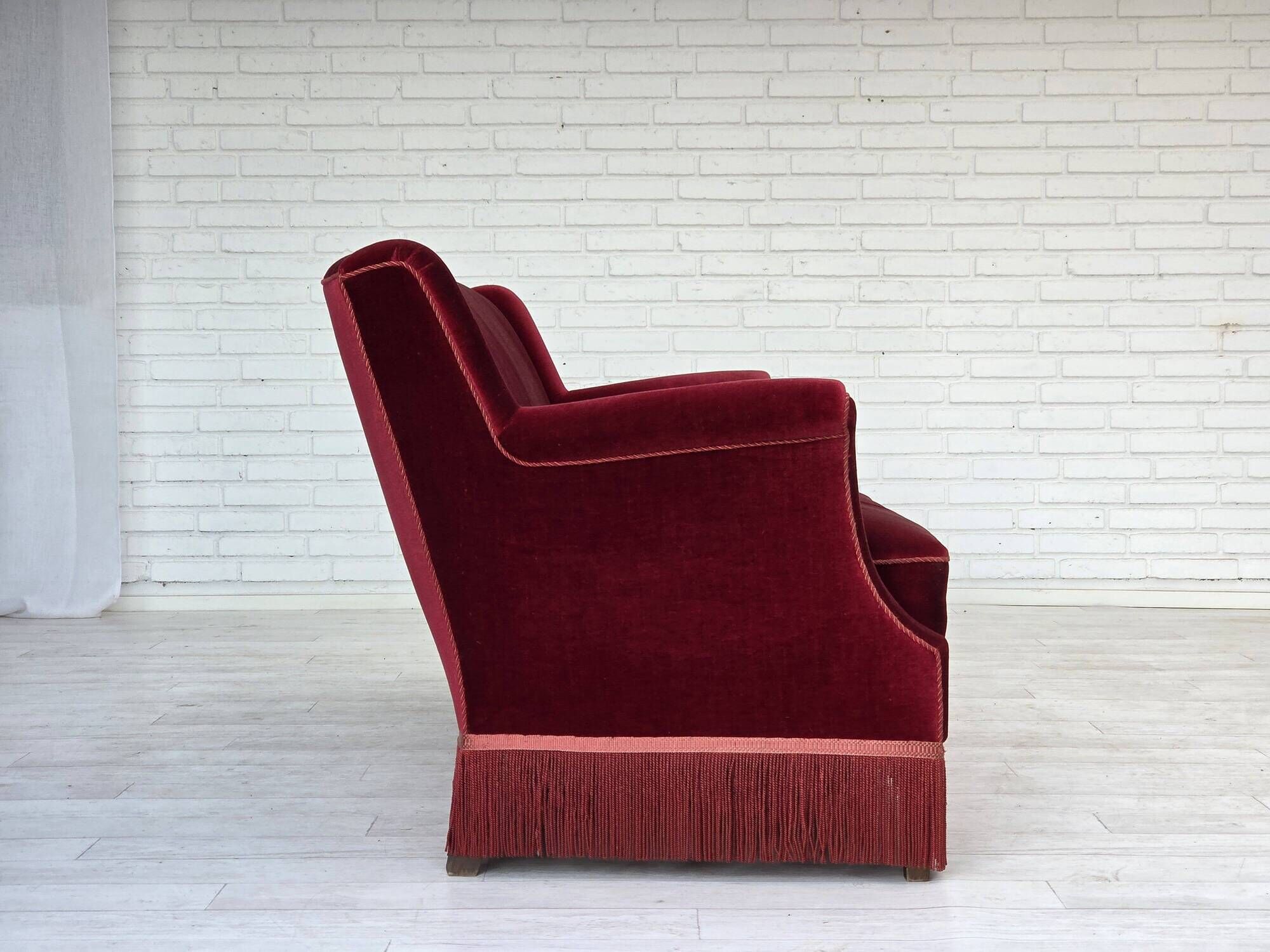 1960s, Danish 3-seater sofa, cherry-red furniture velour, ash wood.