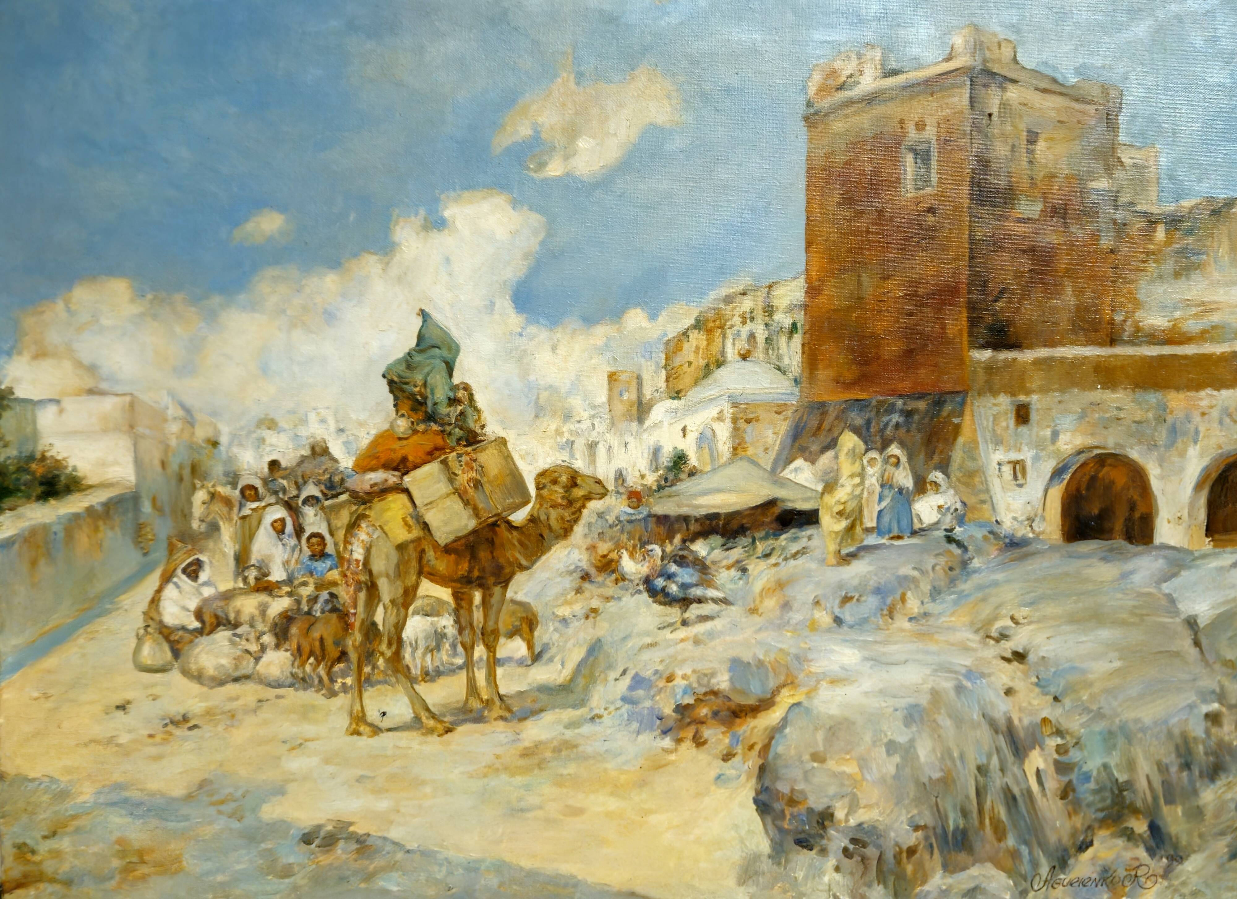 A. Guevenne – Animated Orientalist Scene with Camel – Oil on Canvas -