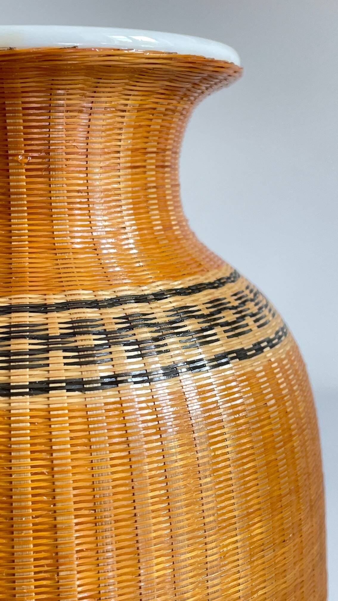 VINTAGE Woven Bamboo and Fine Porcelain VASE