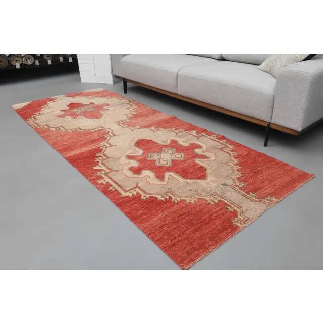 1970s Turkish Hand-Knotted Wool Cotton Red Runner Rug 104x260