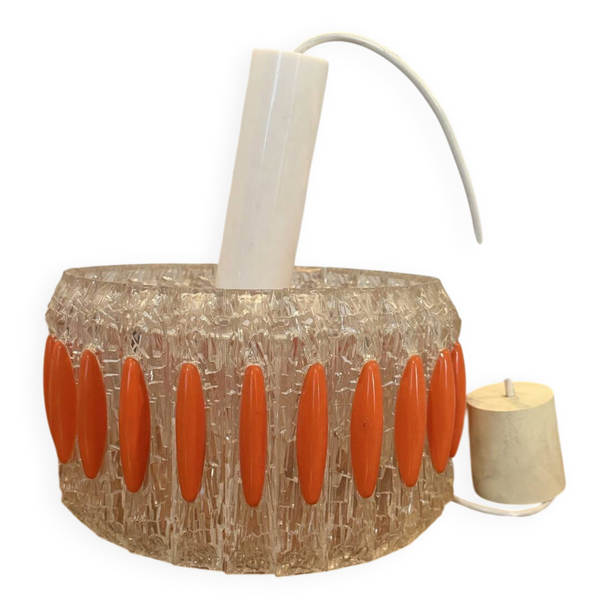 Suspension design Space age in transparent plastic and vintage orange.