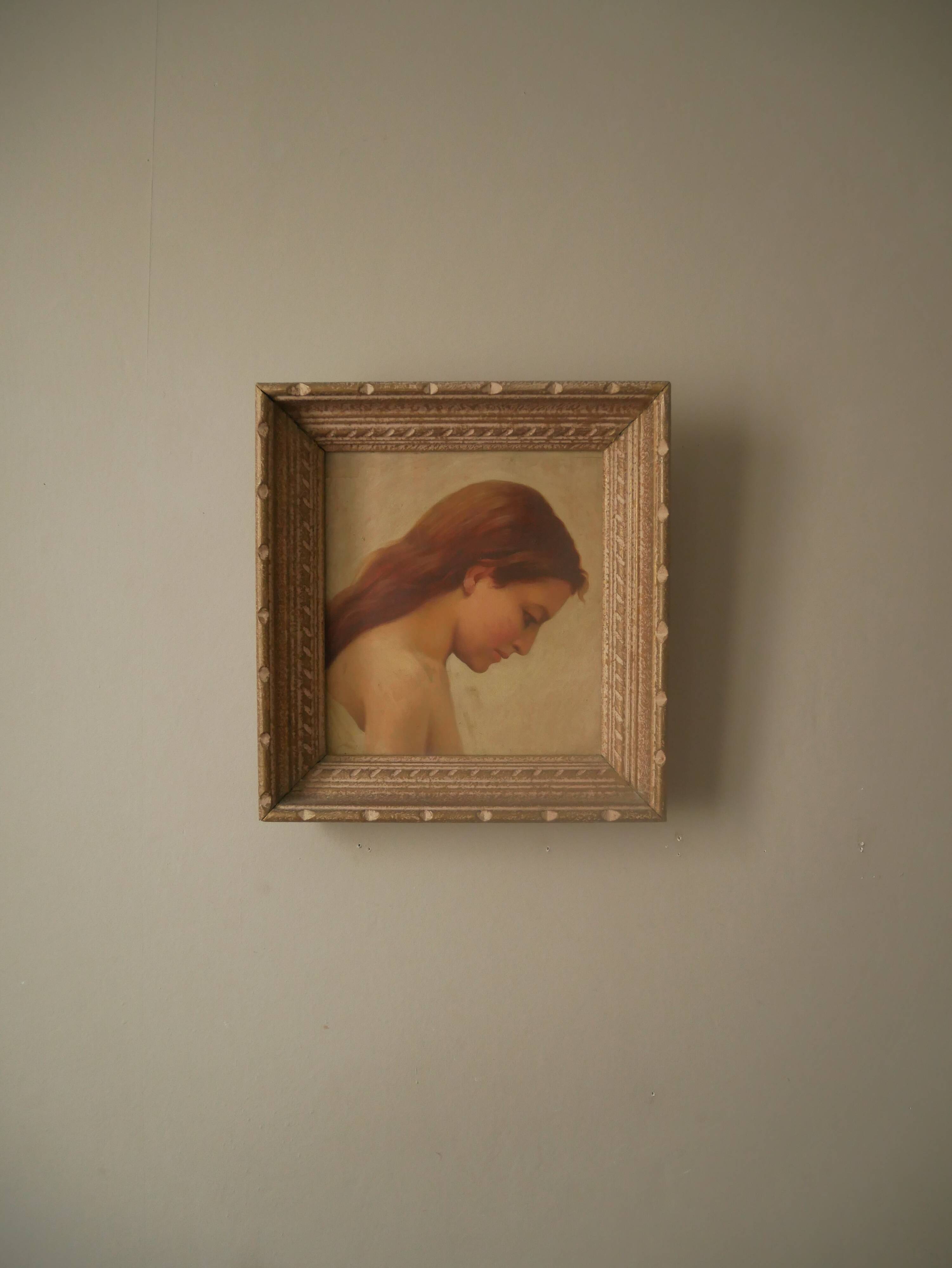Tableau portrait jeune femme profil décoration antique bohème campagne peinture tons beige nude