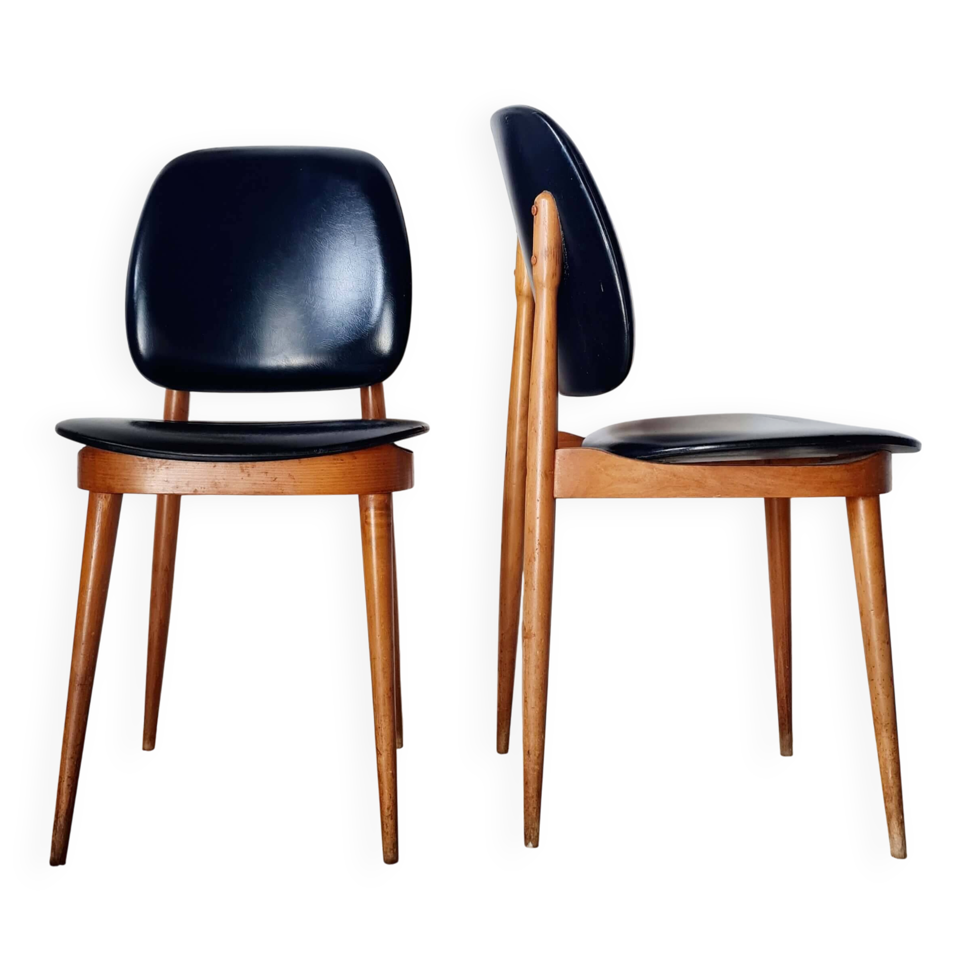 Paire de chaises vintage 1960 – Pieds compas & Simili-cuir noir