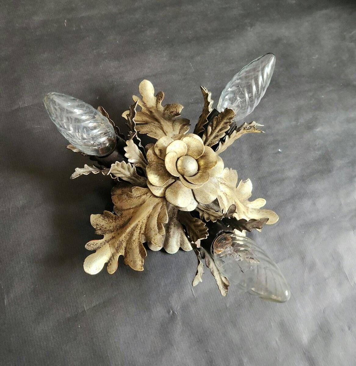 Vintage Florentine floral hand-forged silver-plated 3-light flush mount from Banci Firenze, Italy, Florence 1960s, set of 5