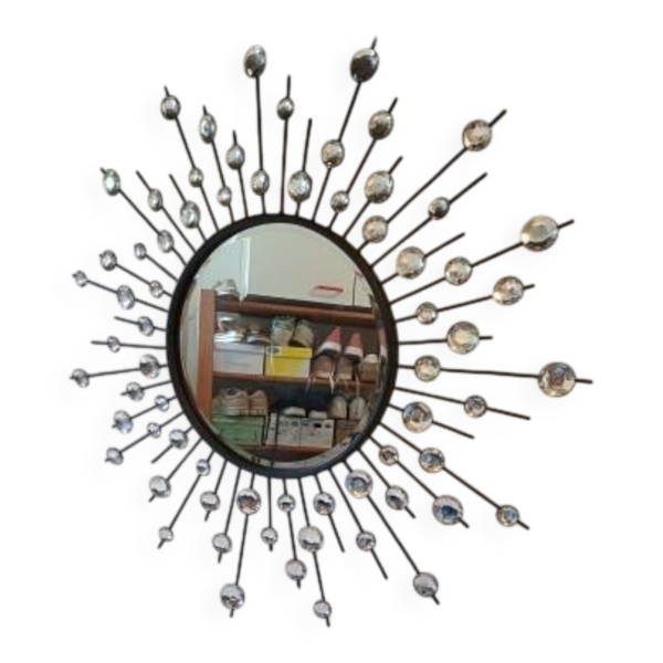 Miroir soleil fer miroir bisauté et cabochons diamants