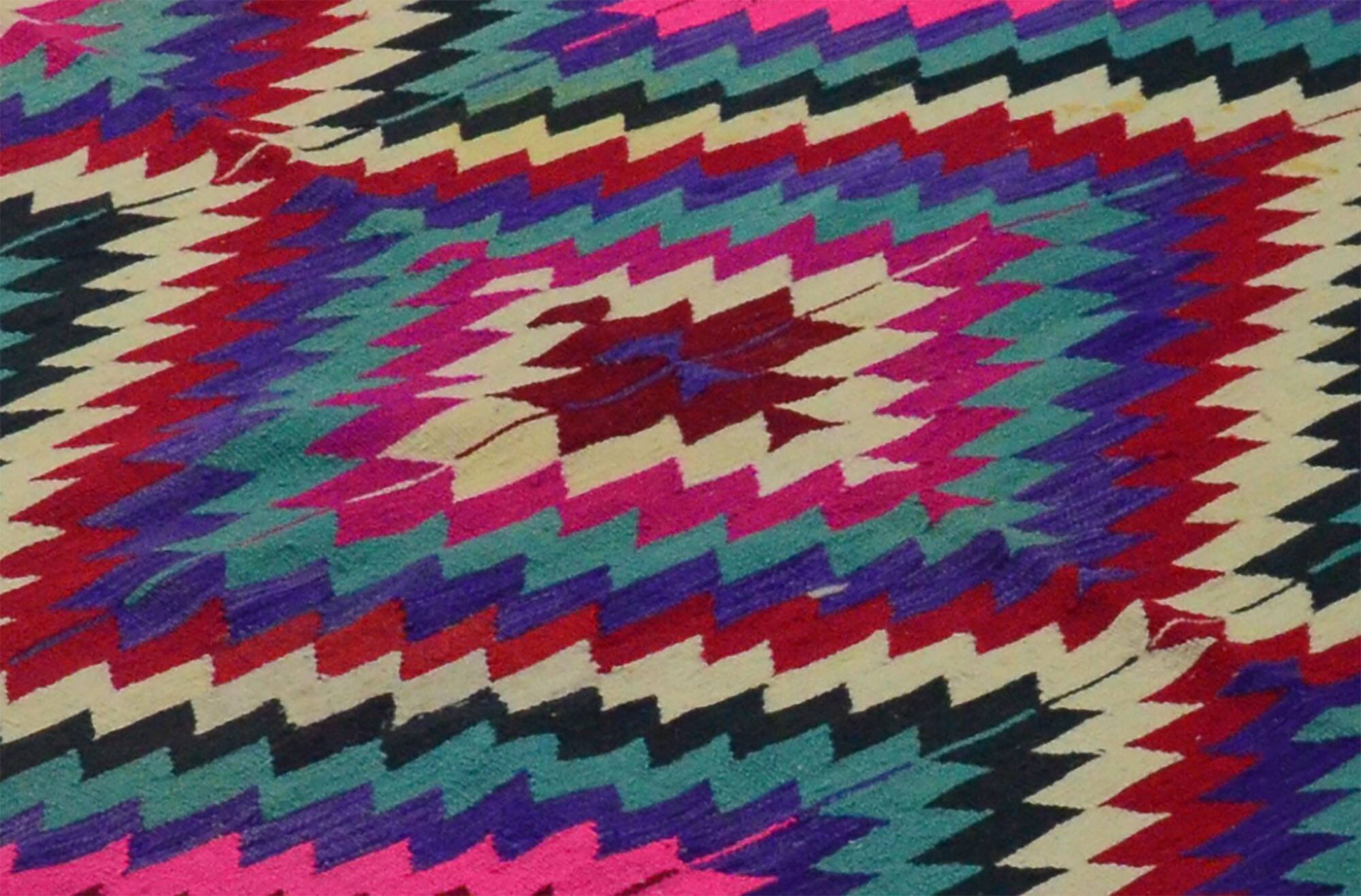 Turkish Kilim Yuruk Vintage 136x245 cm Geometric Pink Green Purple